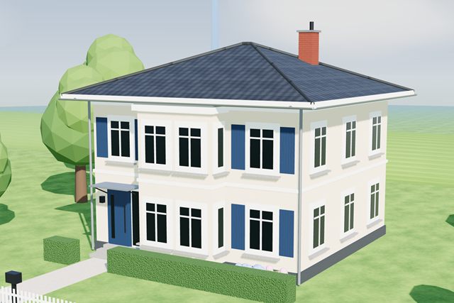 Ansicht aus dem Farbplaner: Stadtvilla in Hellelfenbein mit blauen Fensterläden
